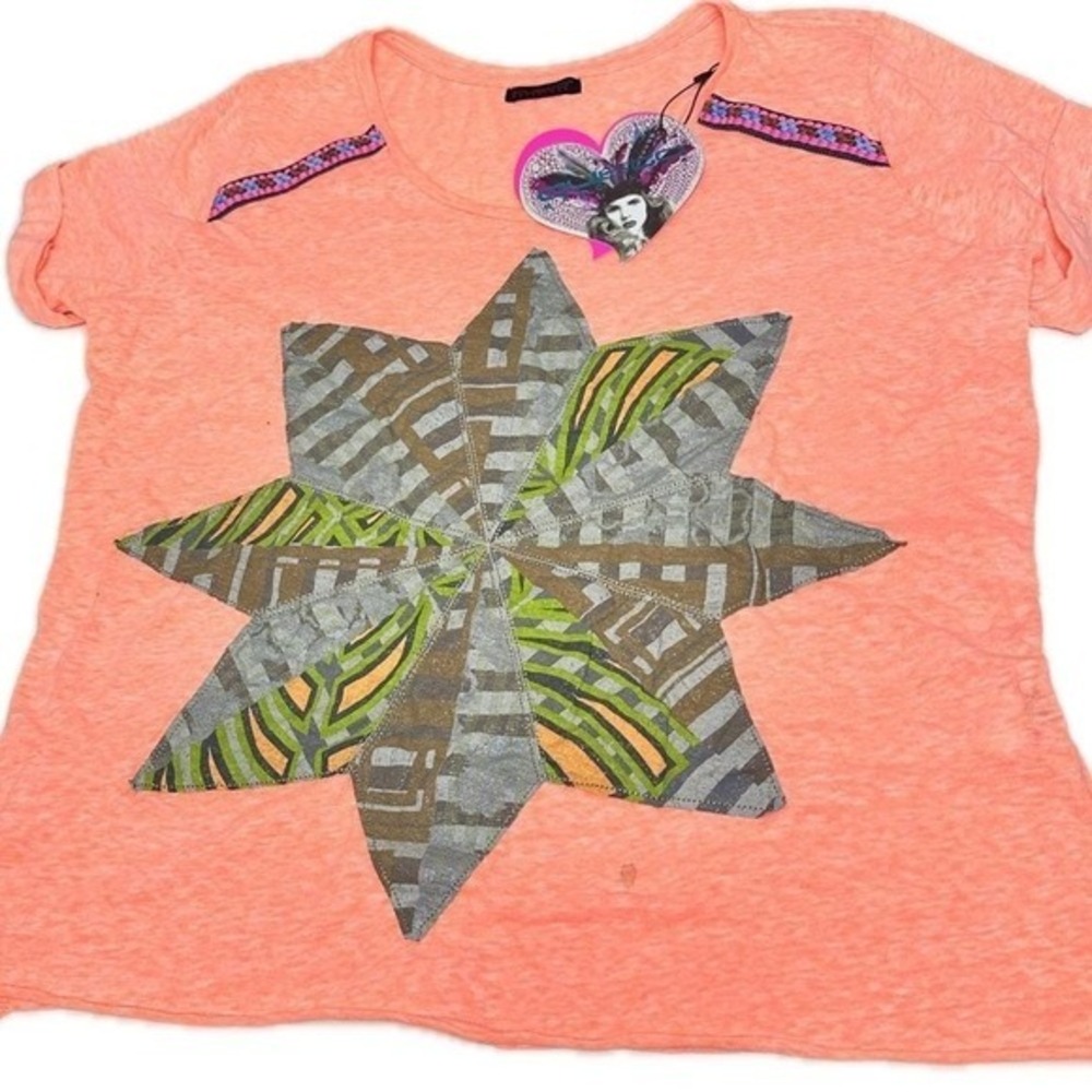 Custo Barcelona Y2K Vintage Orange Star Patchwork T-Shirt Size L KC NWT